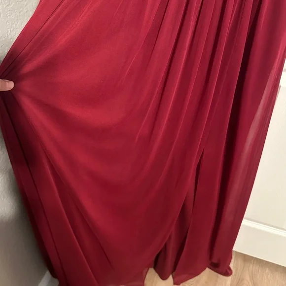 ALFRED SUNG D743 Ruched V-Neck Cold Shoulder Maxi Dress w Slit, Burgundy, Sz 2 - Picture 15 of 15